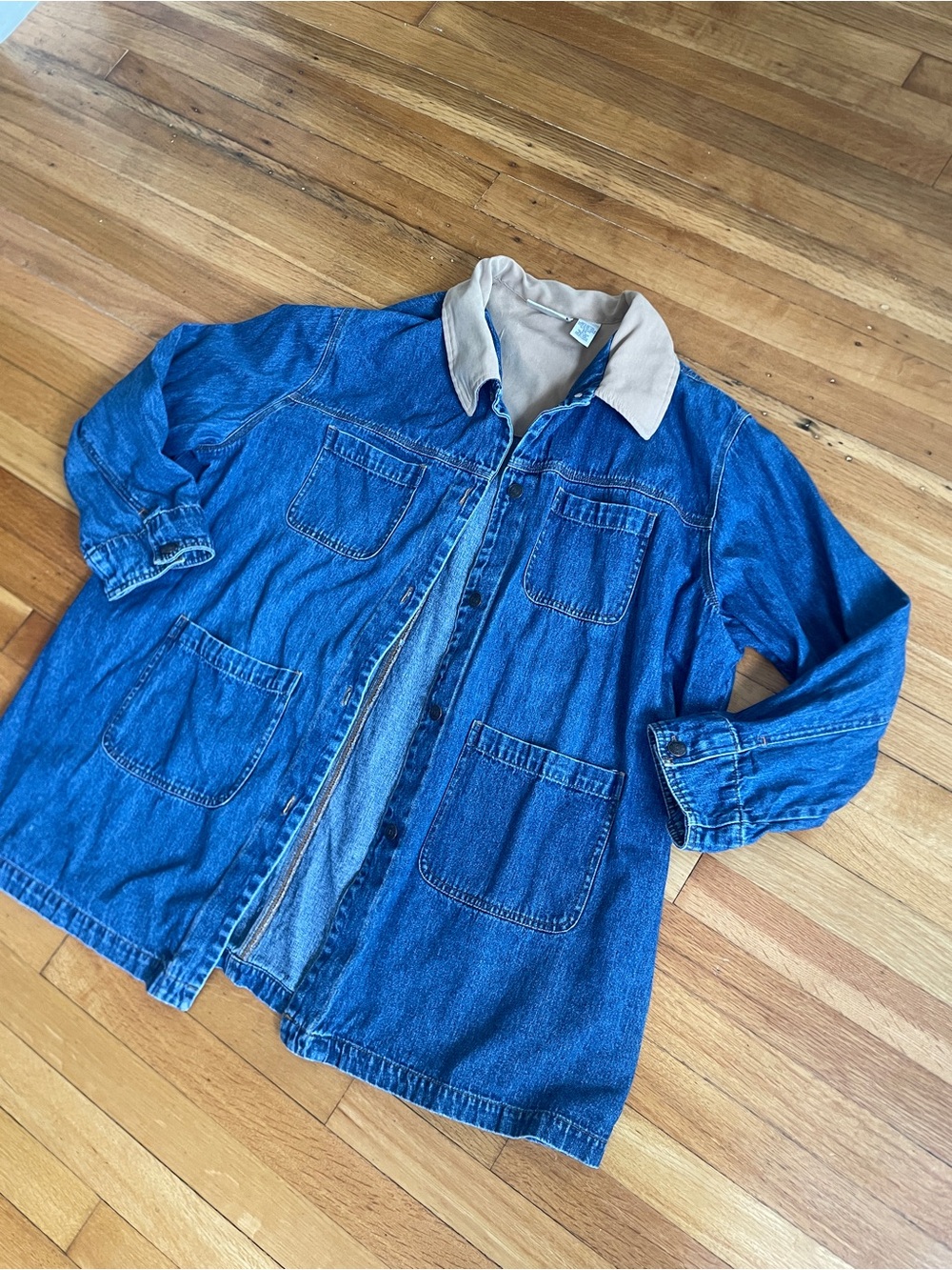 Vintage Denim Chore Coat With Tan Collar